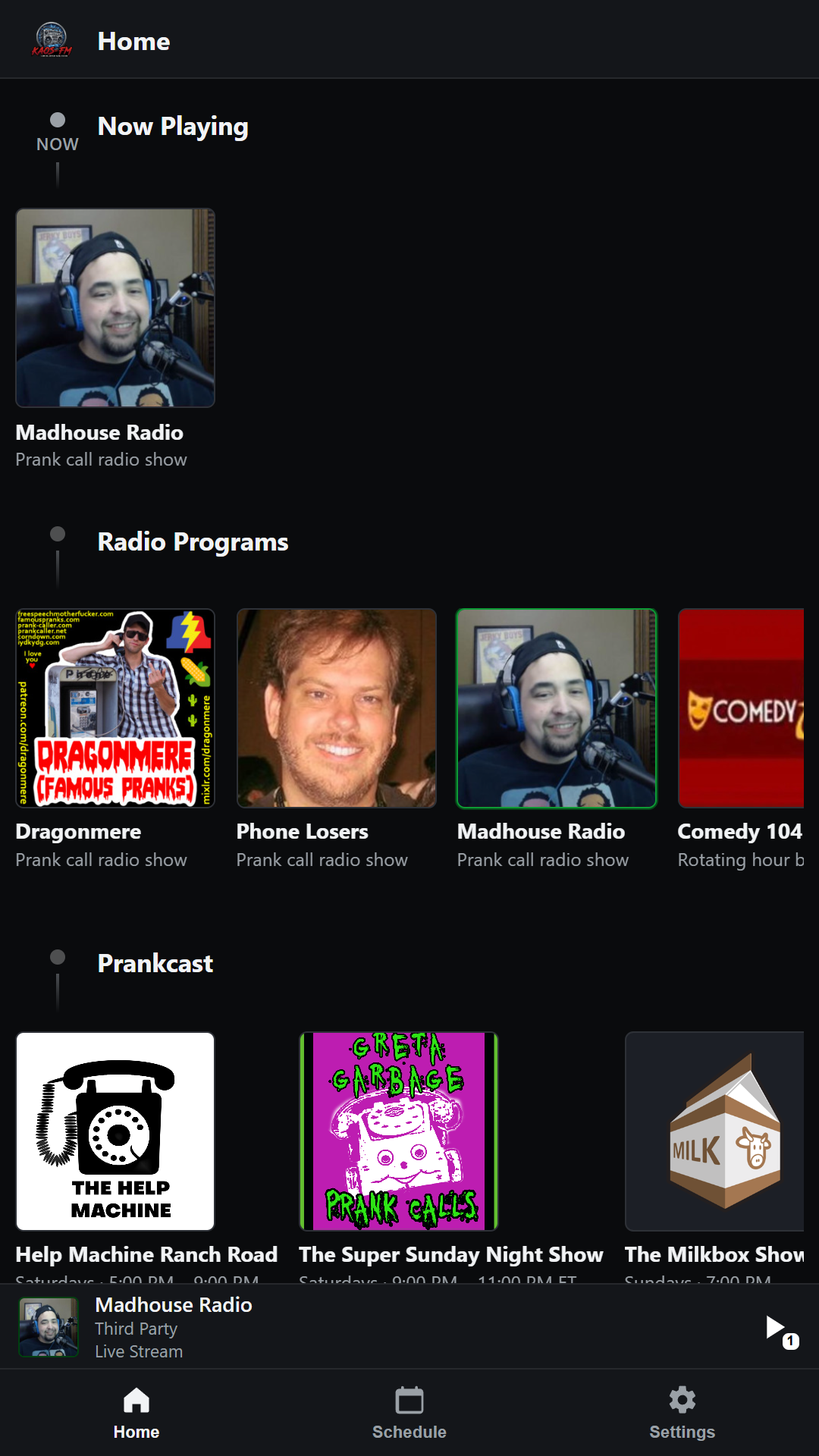 KAOS-FM home with Madhouse on air and Prankcast row