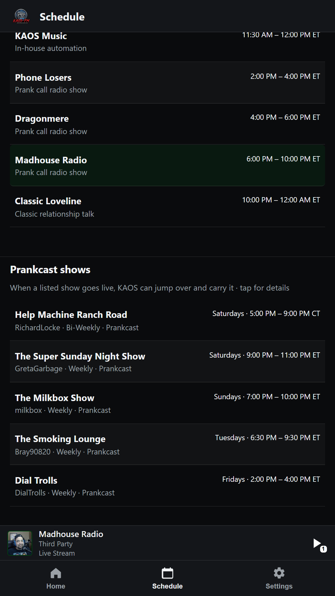 KAOS-FM daily lineup and Prankcast shows