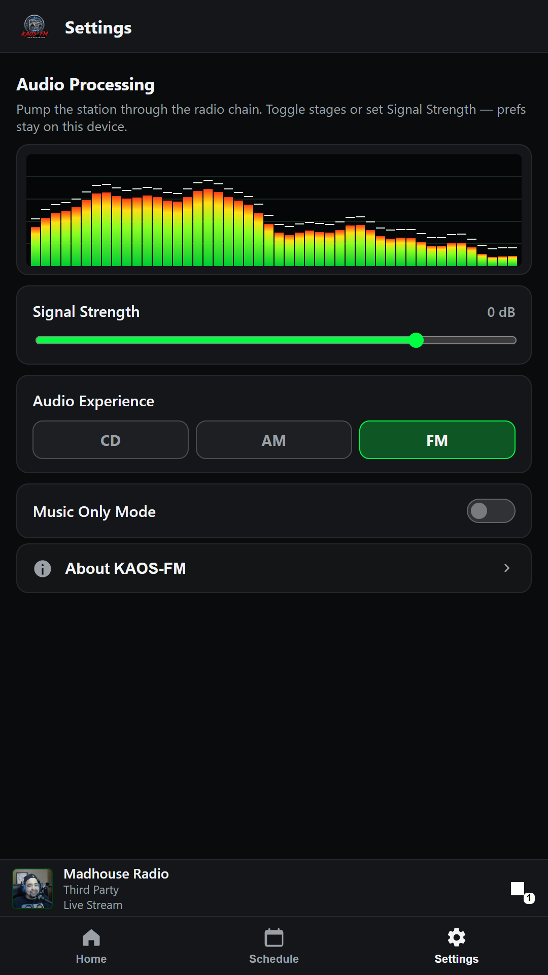 KAOS-FM audio settings with spectrum and radio simulation