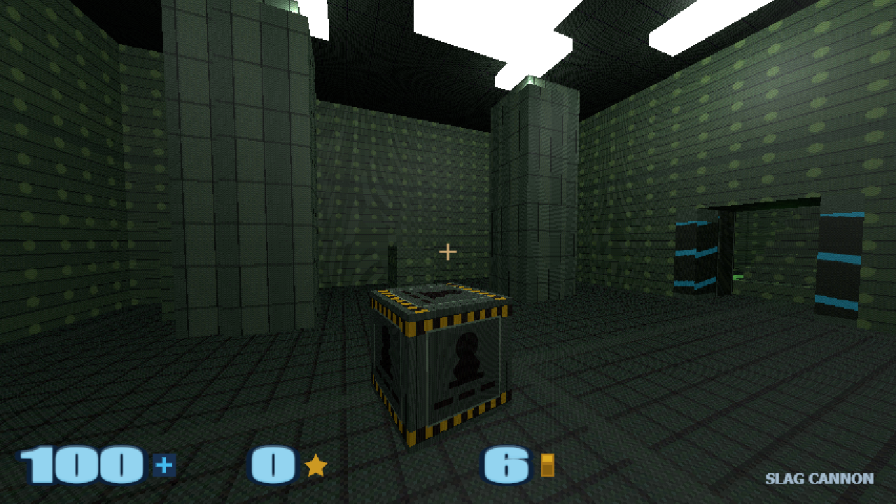 Combat view with Slag Cannon selected, hazard crate, and doorway ahead