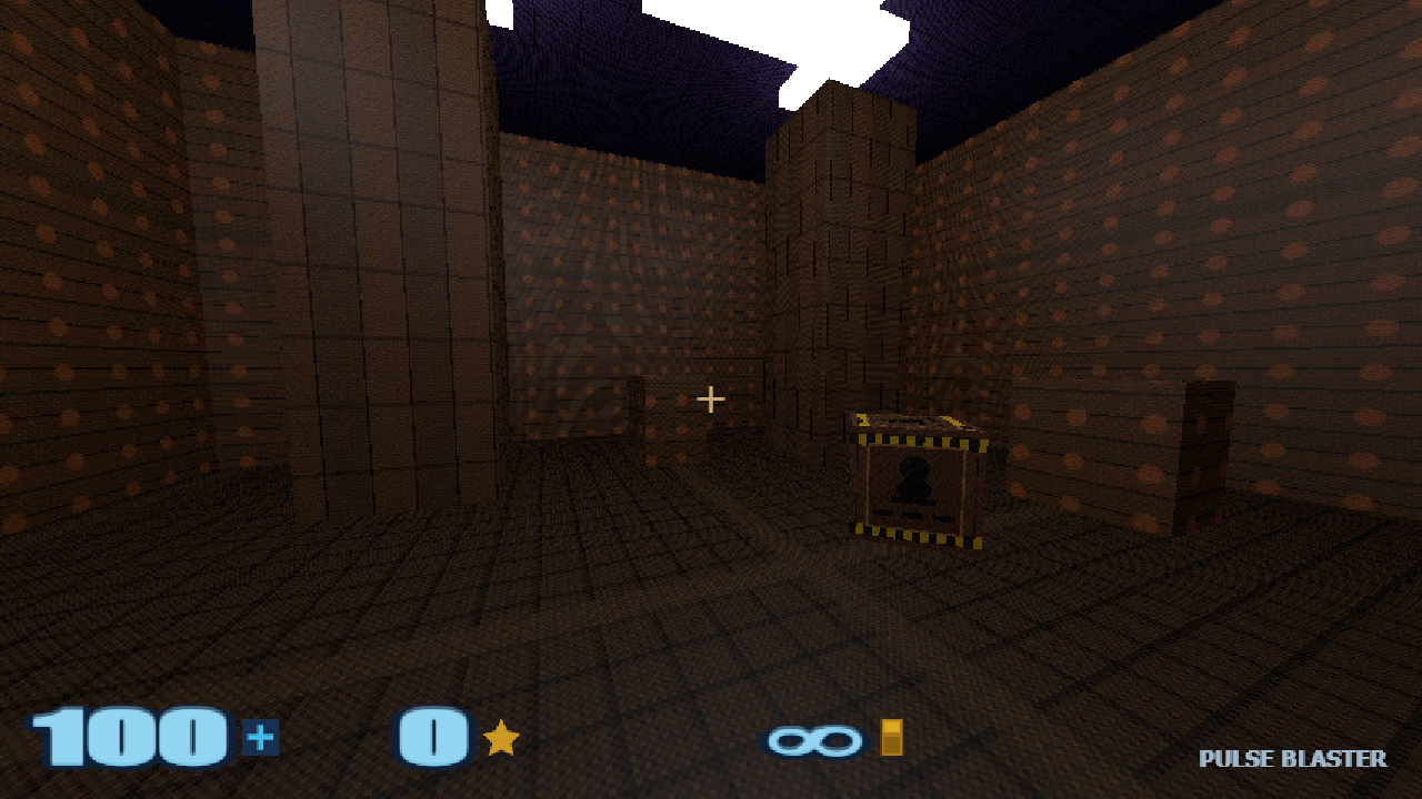 Central arena hub with pillar cover, hazard-striped crate, and clean vitals HUD