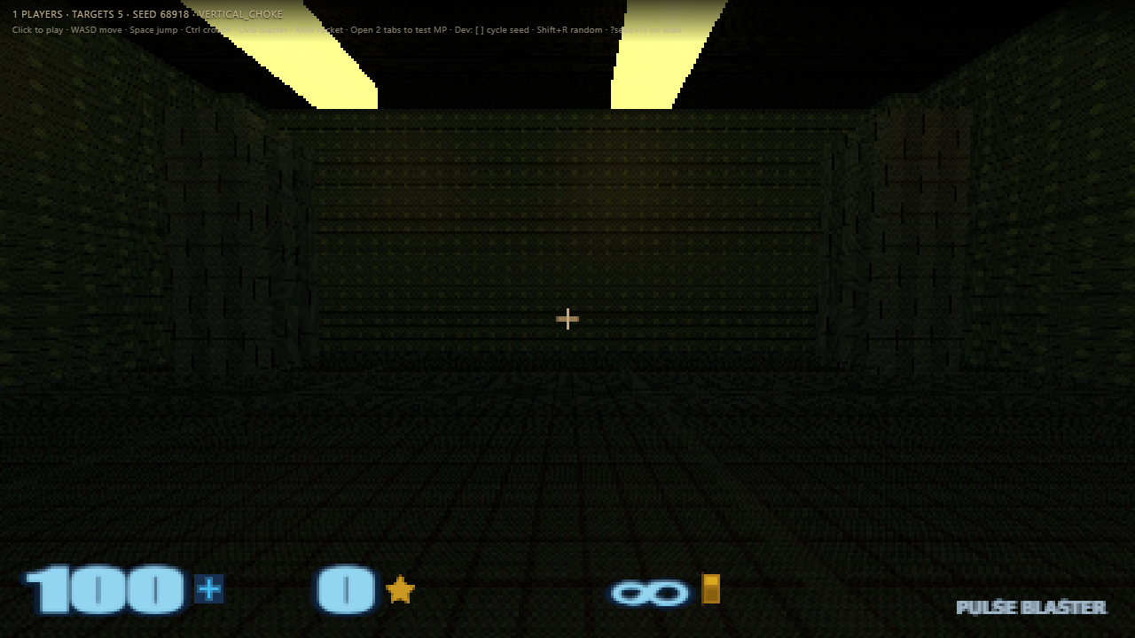 Tall mossy hall with ceiling fixtures and in-frame vitals HUD