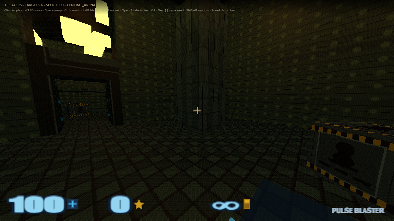 Central arena with hazard-striped cover crate and a doorway sightline